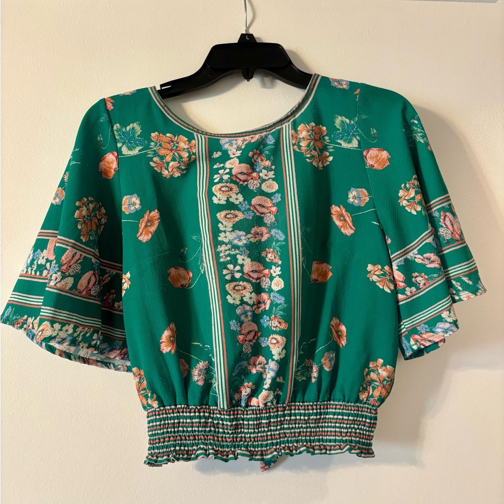 Green Smocked Crop Blouse with Flutter Sleeves